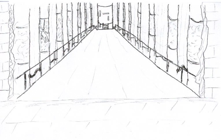 A catwalk leading to a central pillar, over the old gymnasium